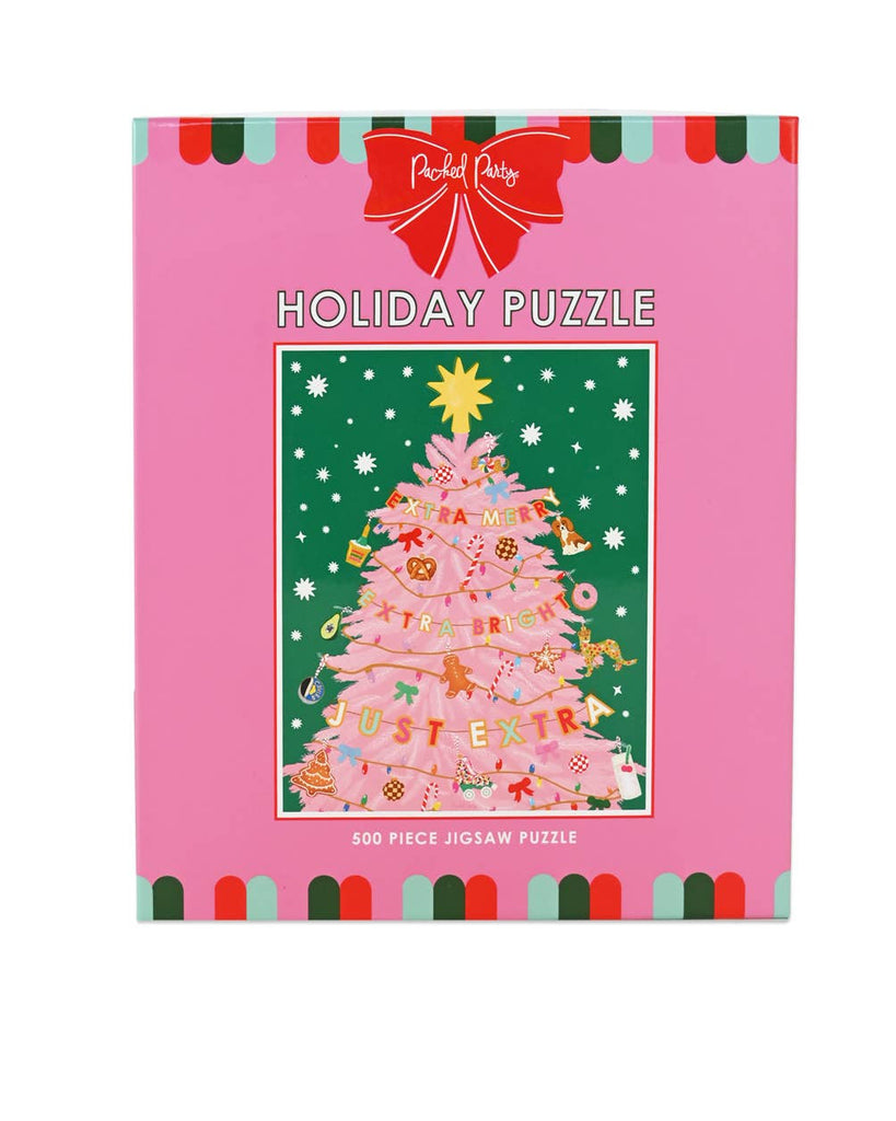 Holiday puzzle packaging with a pink tree design on a white background