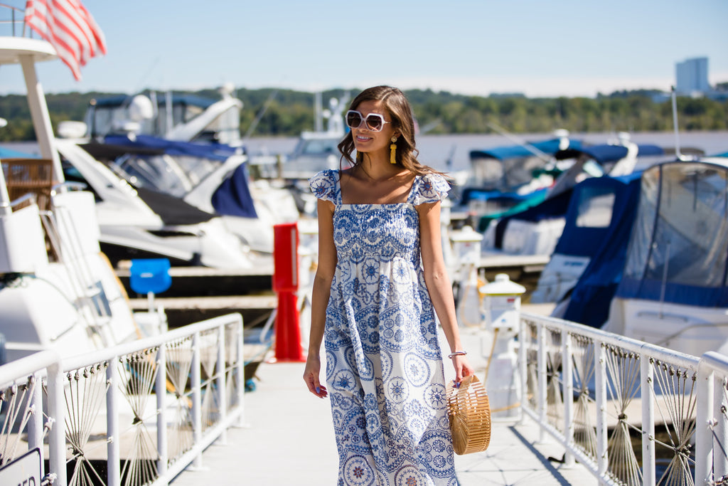 Chatham Eyelet Midi Dress on Model on Pier